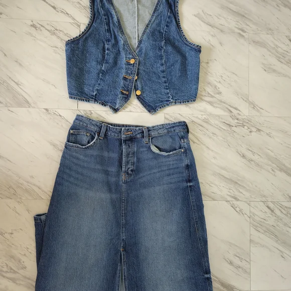 Zara Blue Denim Maxi Skirt and Vest Set ZARA - Picture 4 of 14